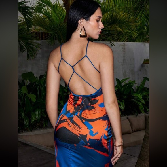 Blue and orange floral print high neck midi dress | NWT - Picture 6 of 8